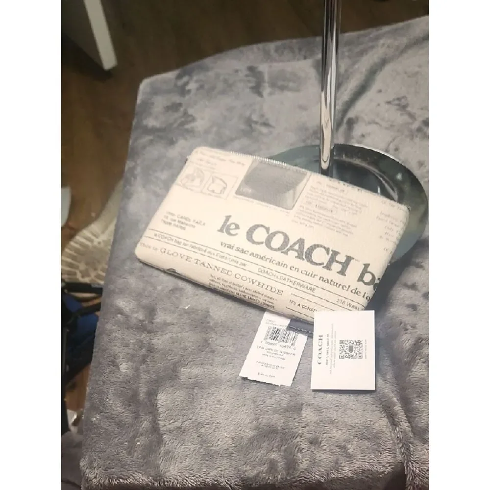 Coach Beige Newspaper Print Zip Wristlet